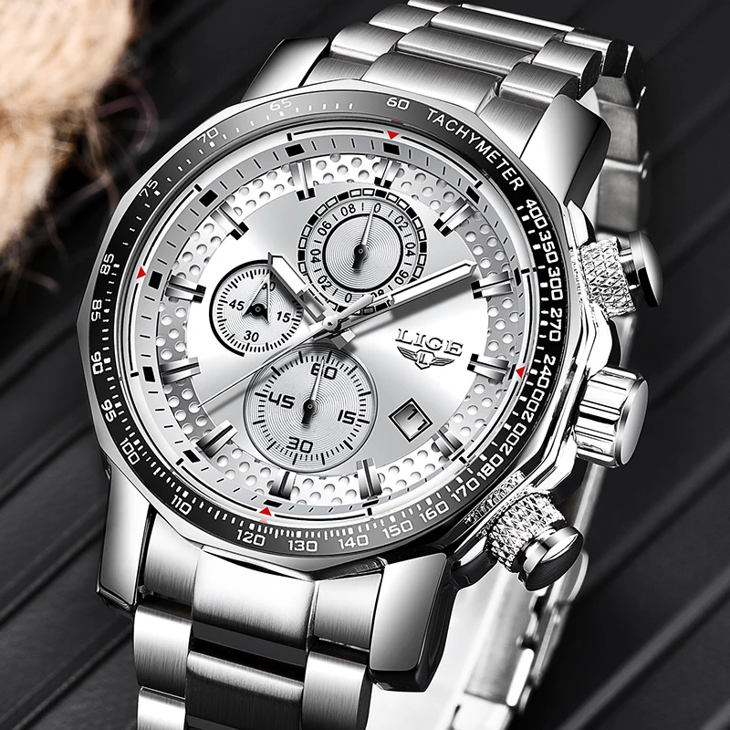 LIGE – montre à grand cadran en argent pour hommes, Sport, horloge à Quartz, mode hommes, Top marque de luxe, homme militaire, étanche, chronographe