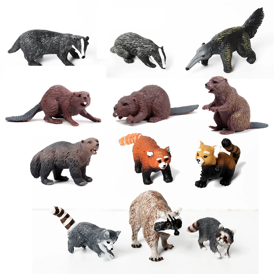 Simulation Hand painted Forest Animal Model Figures Badger, Beaver,Raccoon,Anteater Bear Decor Collector Educational toys