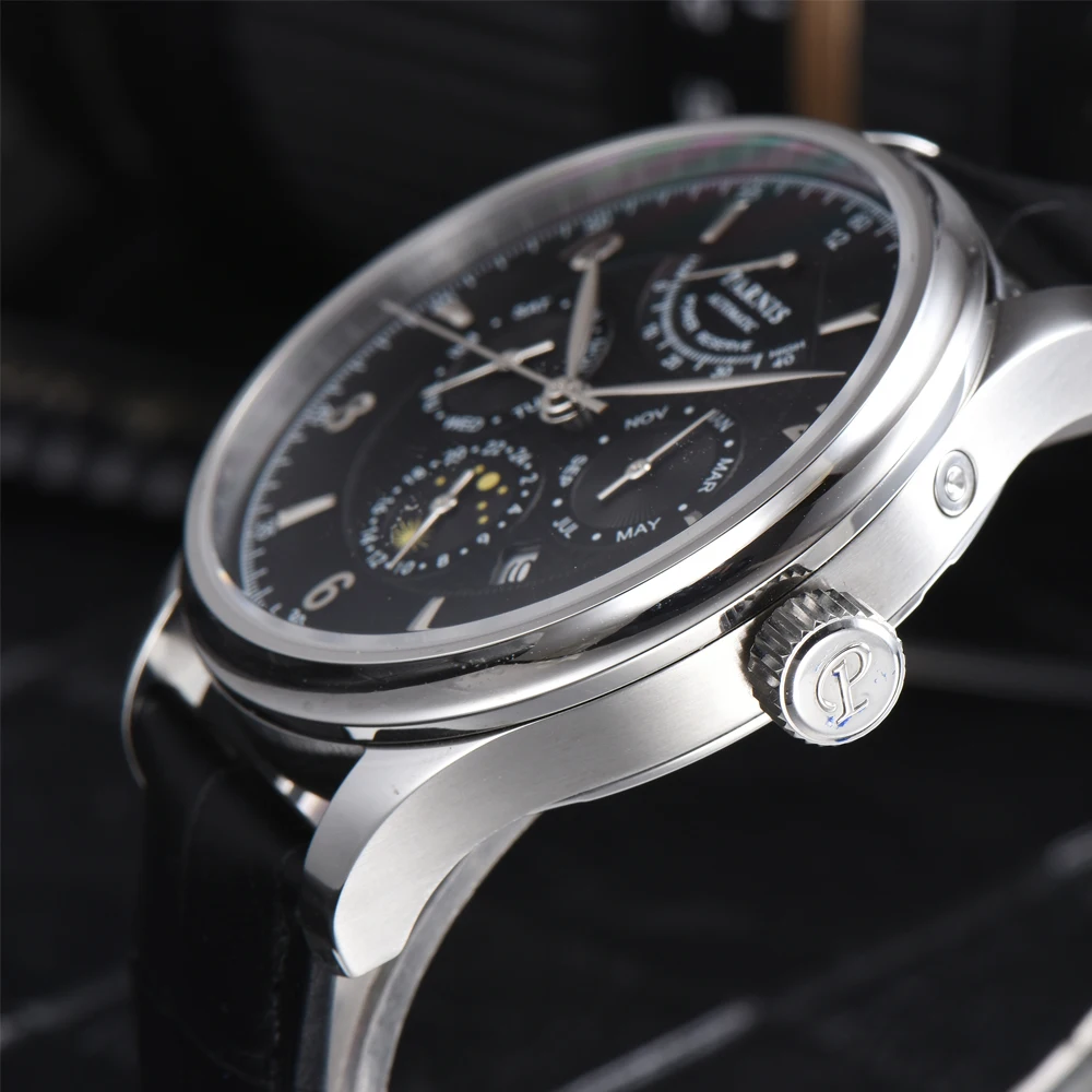 Casual Parnis 43mm Automatic Watch Moon Phase Power Reserve Men Luxury Brand Top Miyota Mechanical Winder Watches P6062 Gift Box