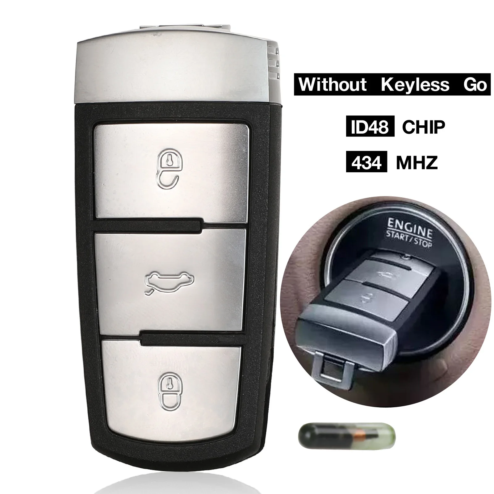 Jingyuqin 3-Tasten-Smart-Remote-Auto-Schlüsselanhänger für Volkswagen 3C 0959752 BA 434 MHz ID46 ID48 Chip passend für VW Passat B6 3C B7 Magotan CC