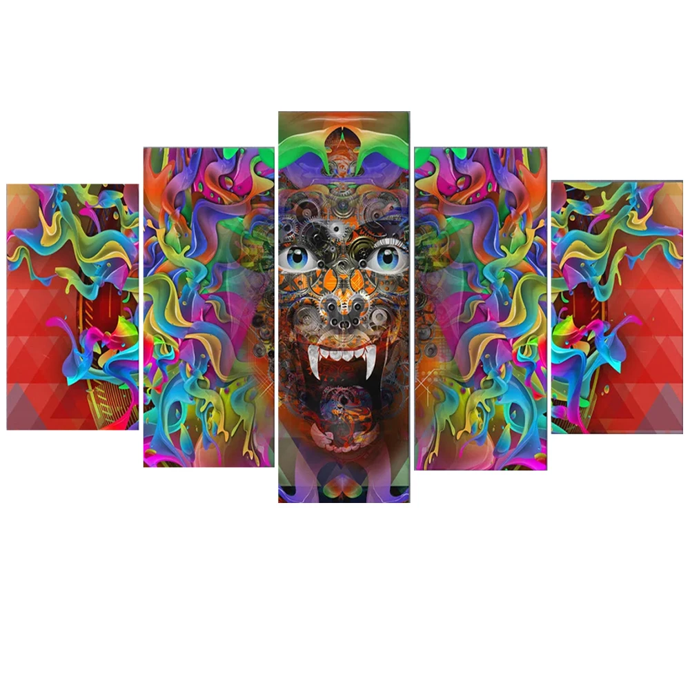 

5 Pieces Wall Art Canvas Painting Psychedelic Human Face Abstract Poster Modern Living Room Home Decoration Framework Pictures