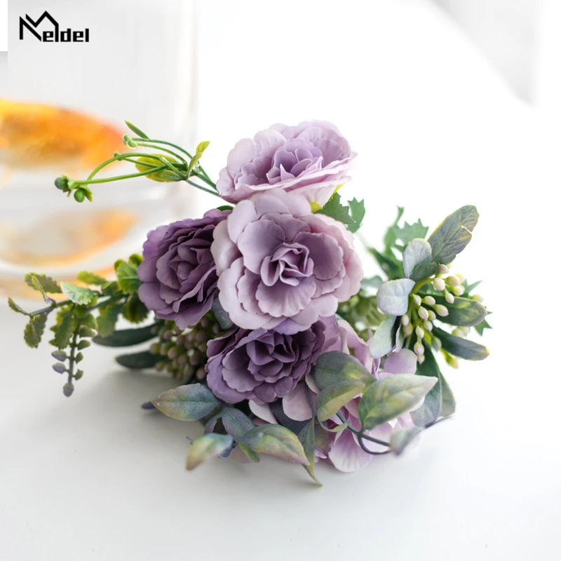 Meldel Mini Bouquet Silk Rose Artificial Flower Fake Hydrangea DIY Flower Arrangement Purple Home Party Wedding Table Decoration