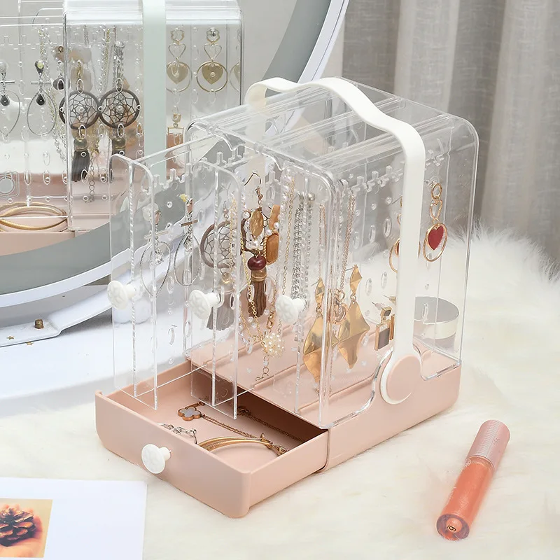 Transparent Plastic Box Jewelry Storage Box Portable Organizer For Jewelry Storage Large Capacity With Drawer Dustproof Dresser