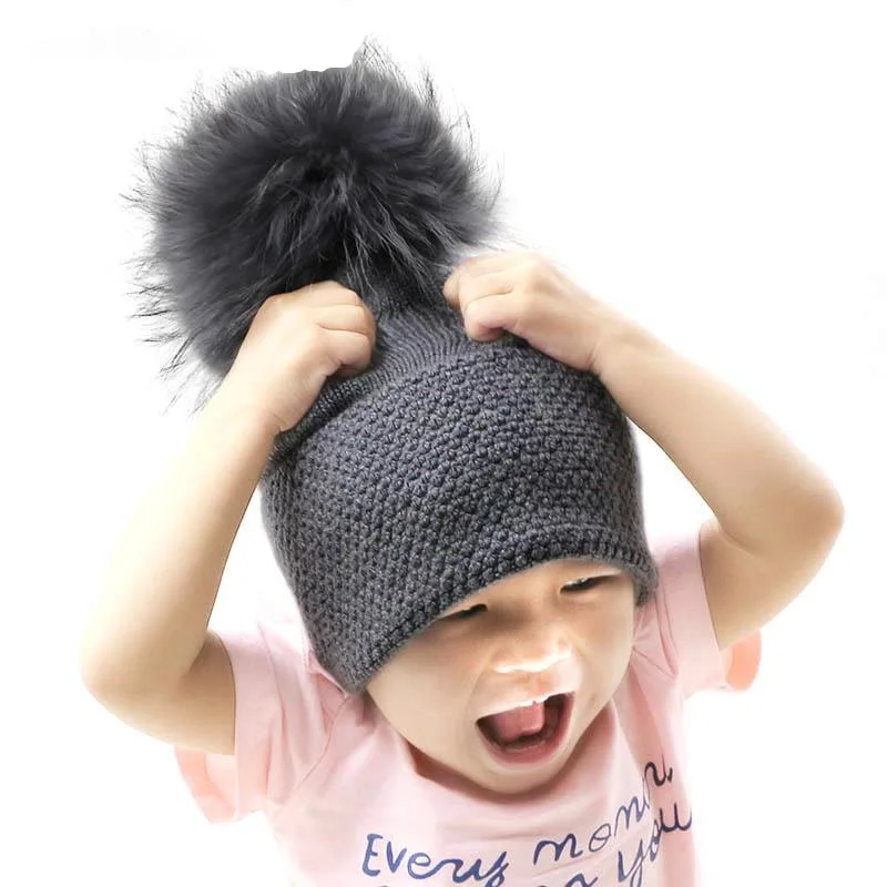 Casual Infants Baby Boys Girls Winter Warm Hat Caps With Real Fur pompom Kids Childen Wool Thick Knitted Skullies Beanie Hats