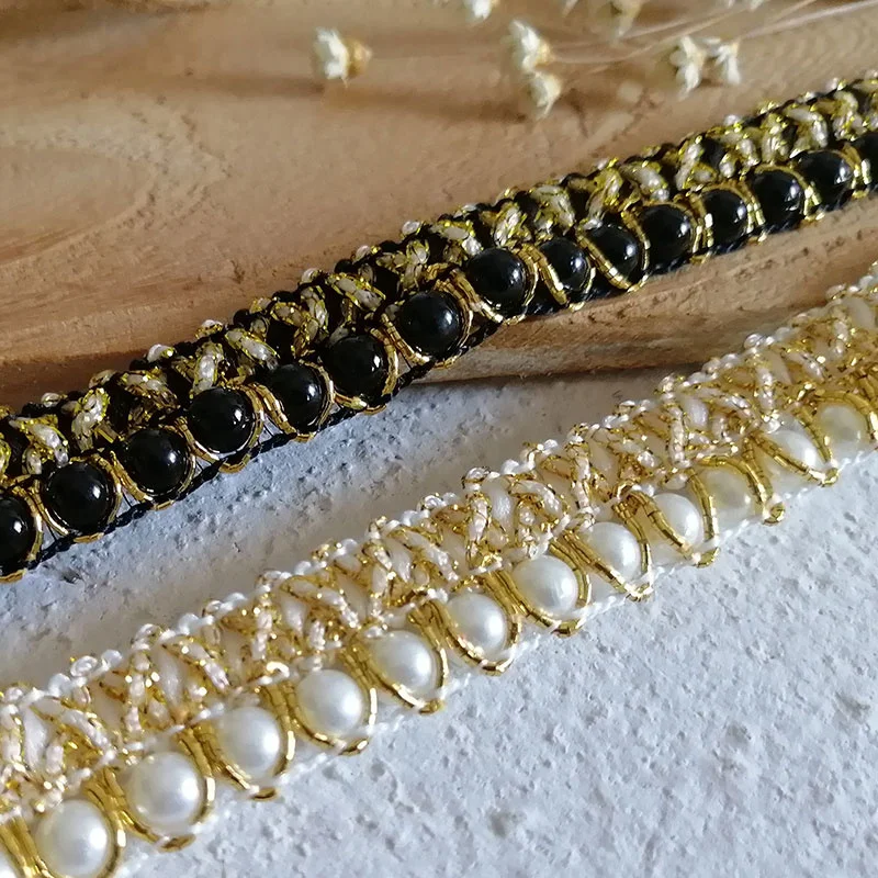 1CM Wide White Black Glitter Handmade Golden Line Beaded Braid Lace Ribbon Dresses Skirts Collar Neckline Trim DIY Sewing Decor