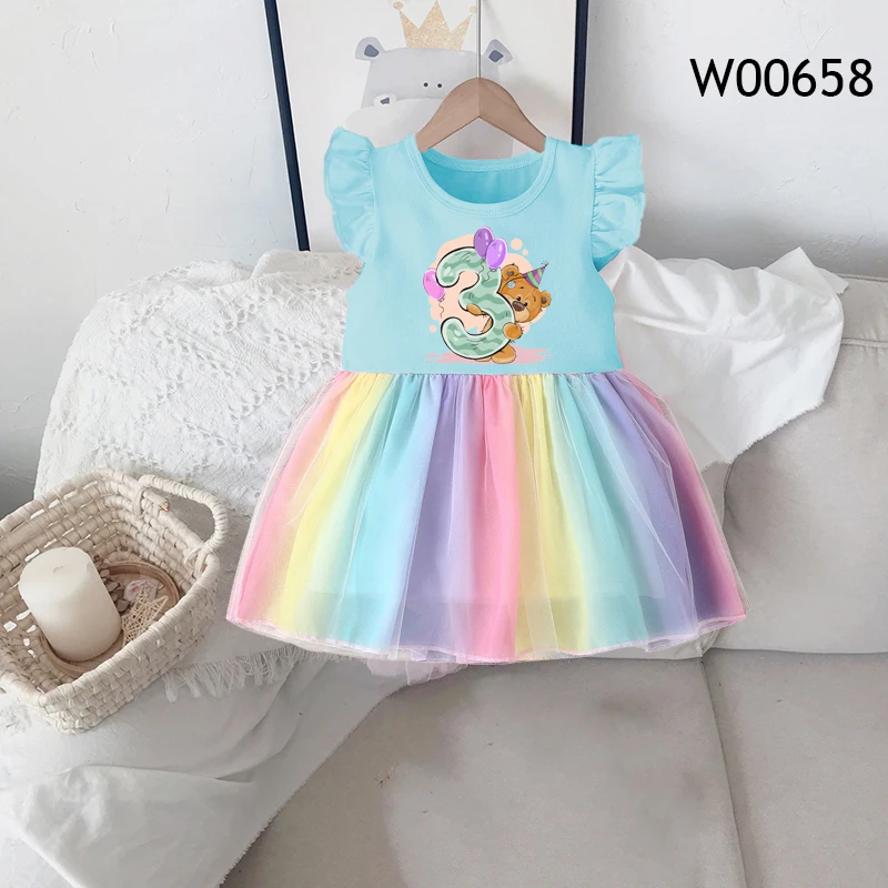 Birthday Princess Dress Summer Girls Rainbow Colorful Birthday Wedding Dresses 1-4 Years Sweet Kids Party Children Clothes