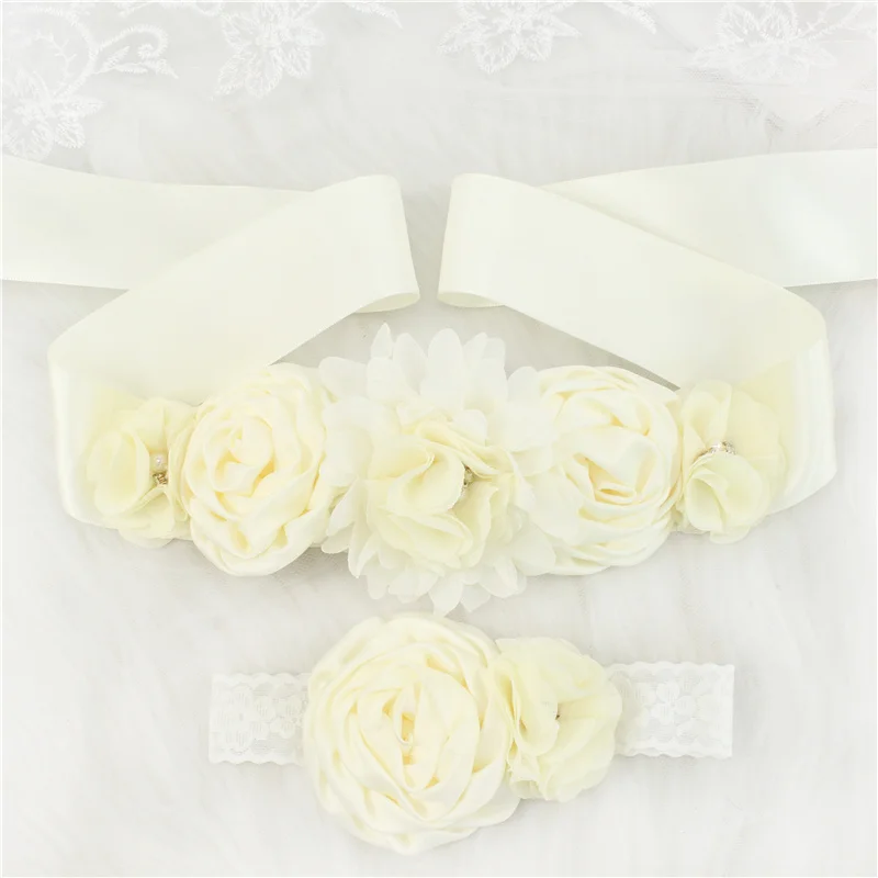 2pcs Fashion Vintage Pink/ivory Flower Belt Girl Woman Sash Belt Wedding Sashes Belt with Flower Headband for Kids Girl