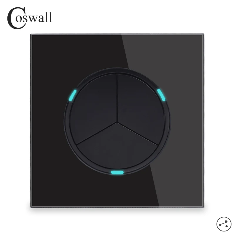 Coswall 3 Gang 2 Way Random Click On / Off Wall Light Switch LED Pass Through Switch Switched Glass Panel White Black Grey Gray