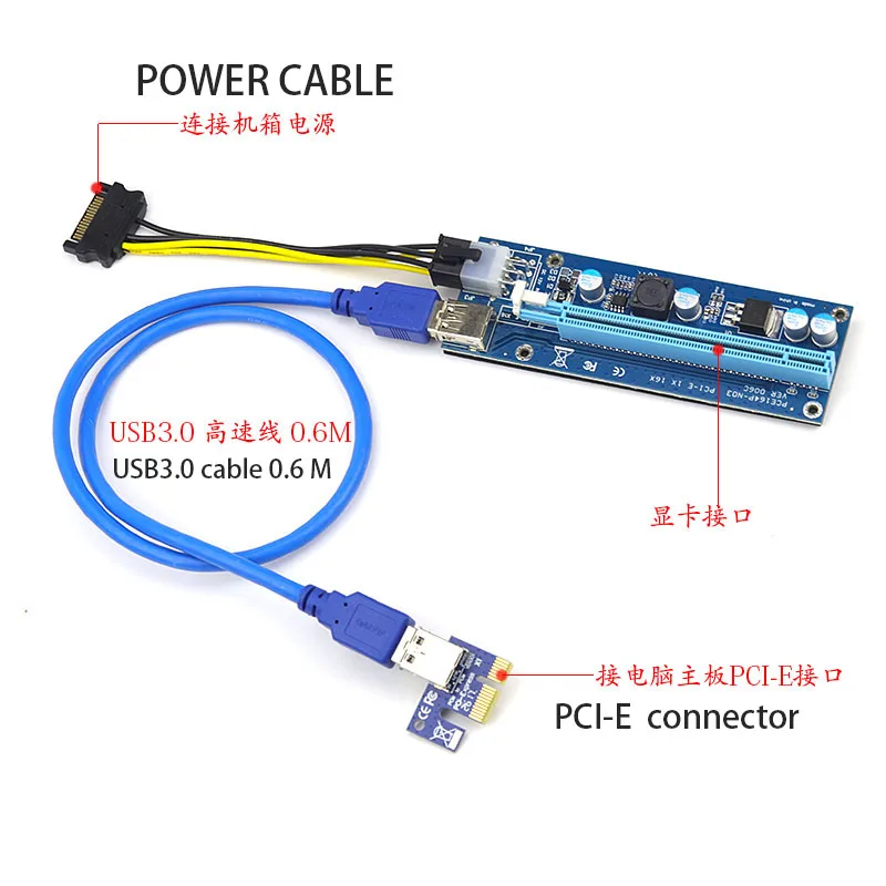 2017 جديد 60 سنتيمتر PCI اكسبرس الناهض بطاقة PCI-E 1x إلى 16x موسع مع USB 3.0 كابل بيانات + SATA إلى 6Pin IDE موليكس امدادات الطاقة