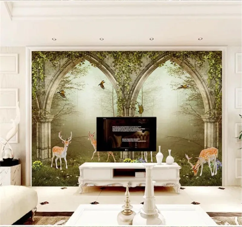 

Professional custom wallpaper wall covering dream deep forest Roman column arch elk 3D background wall