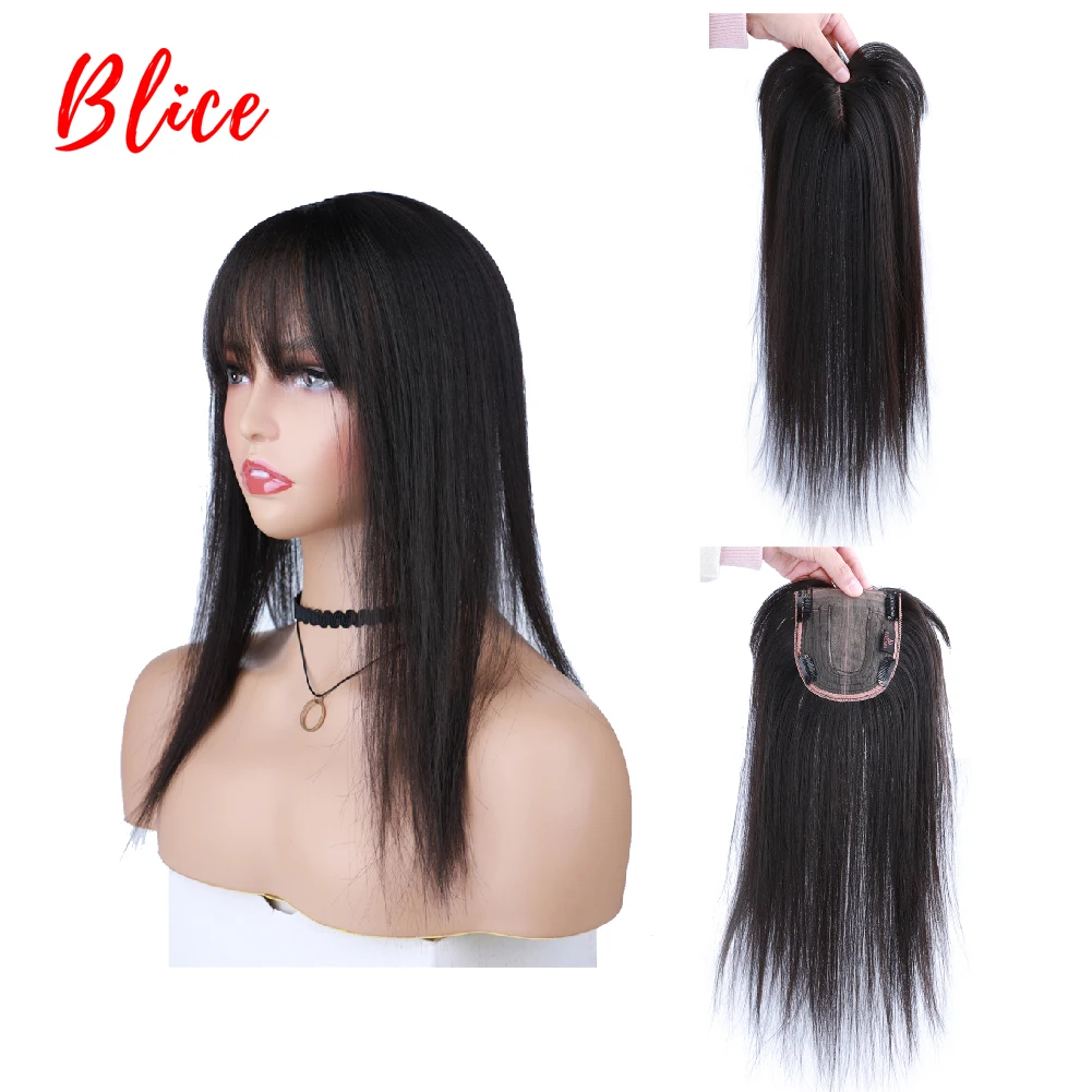 Blice For Women Synthetic Straight Hair Extensions Toppers With Bangs Clips In Hairpiece With Hairline Wig 16Inch