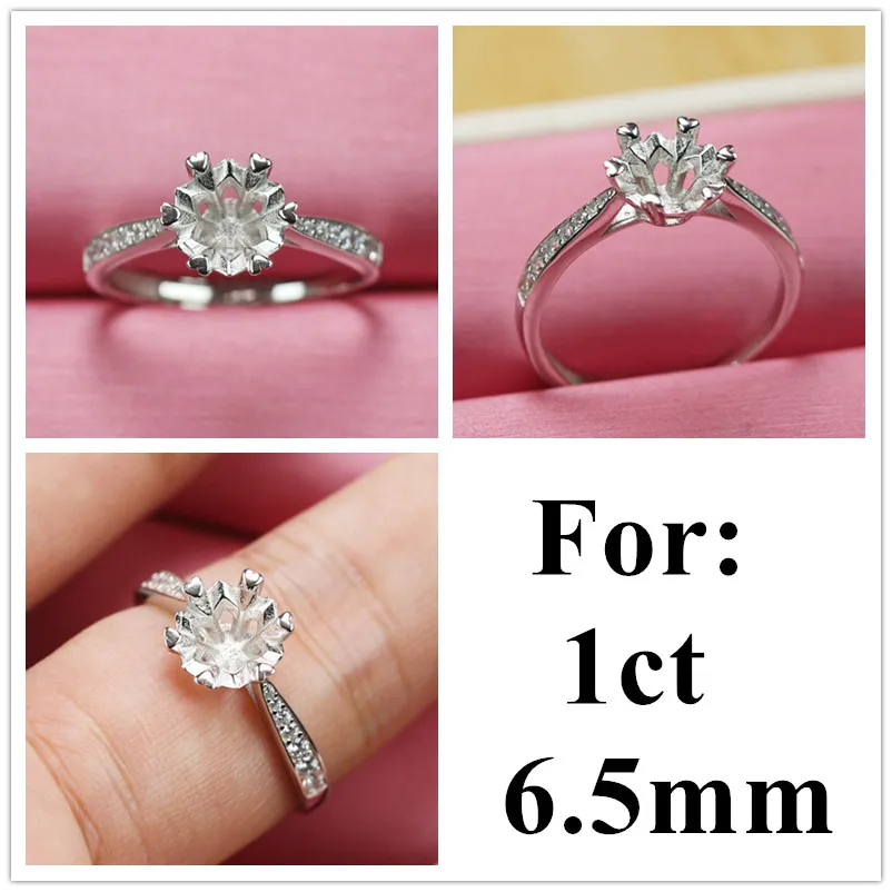 Round diamond ring setting base real 925 silver women moissanite empty rings clawed collet adjustable