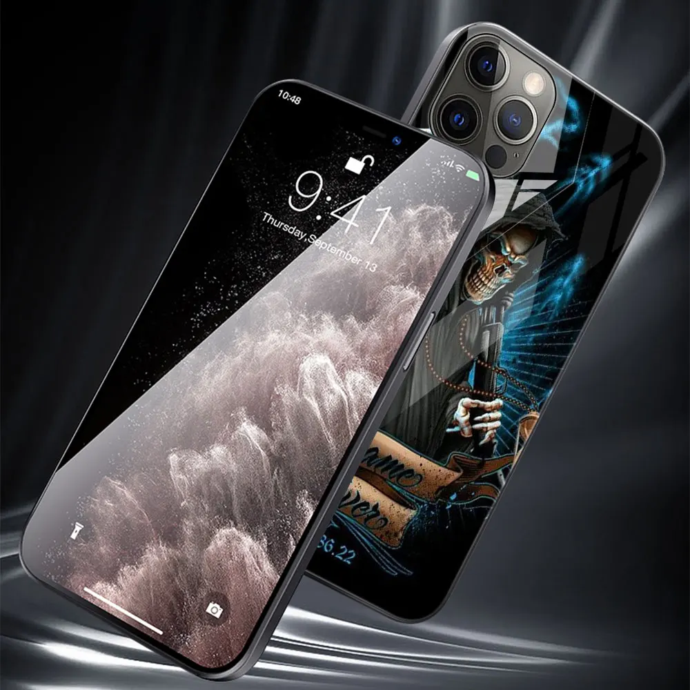 Fashion Skull Skeleton Grim Reaper Glass Phone Case for iPhone 11 12 13 Pro XR X 7 8 XS Max 6 6S Plus SE Mobile Phones Cover