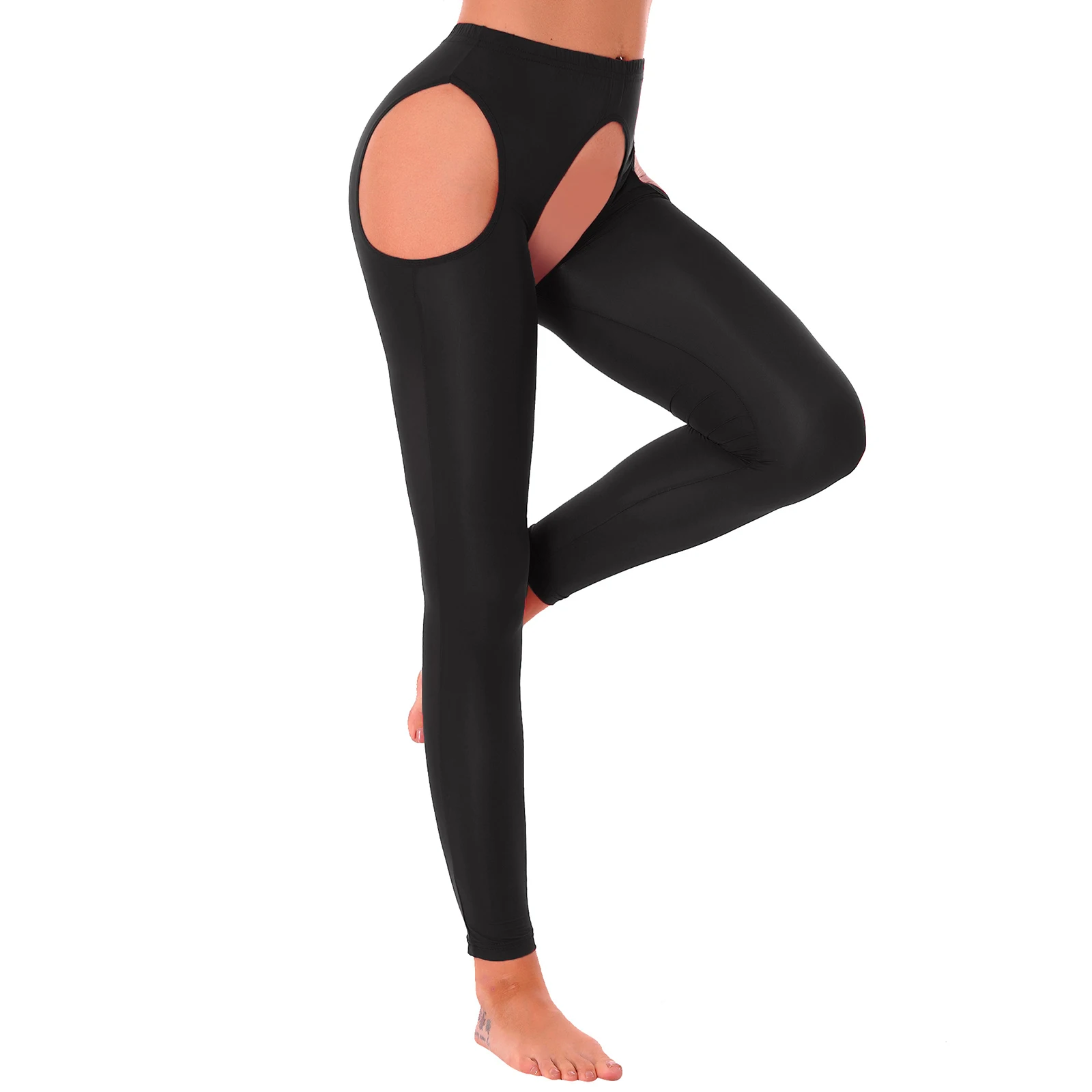 Nữ Crotchless Quần Legging Đùi Vớ Cổ Cao Ice Silk Cao Cấp Thun Treo Áo Quần Khoét Hở Chân Quần Dài