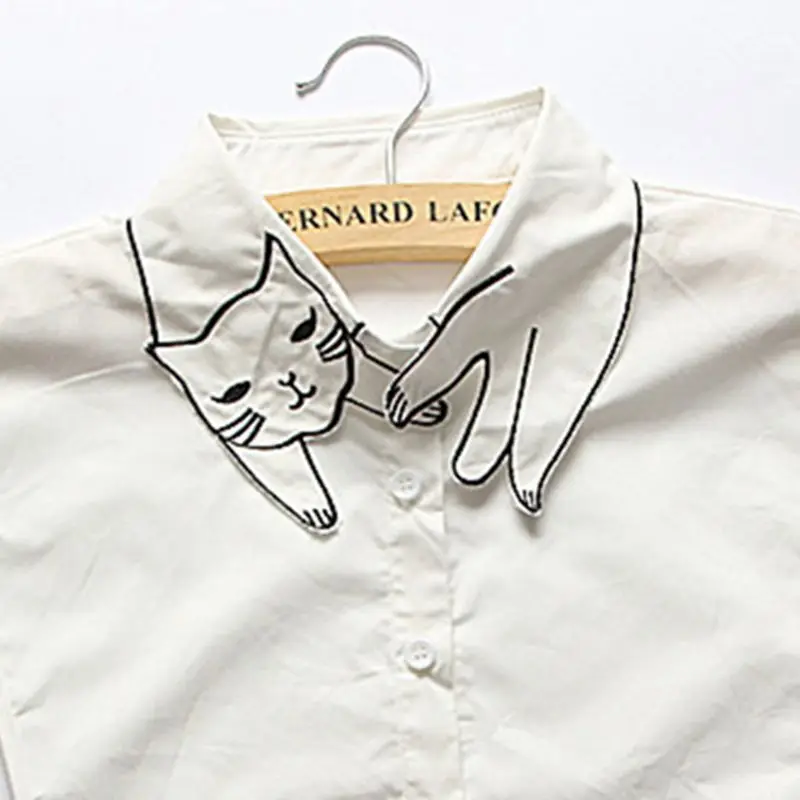 Retro British Style Women Girls Cotton False Fake Collar Cute Cartoon Cat Embroidery Casual Detachable Lapel Half-Shirt Blouse