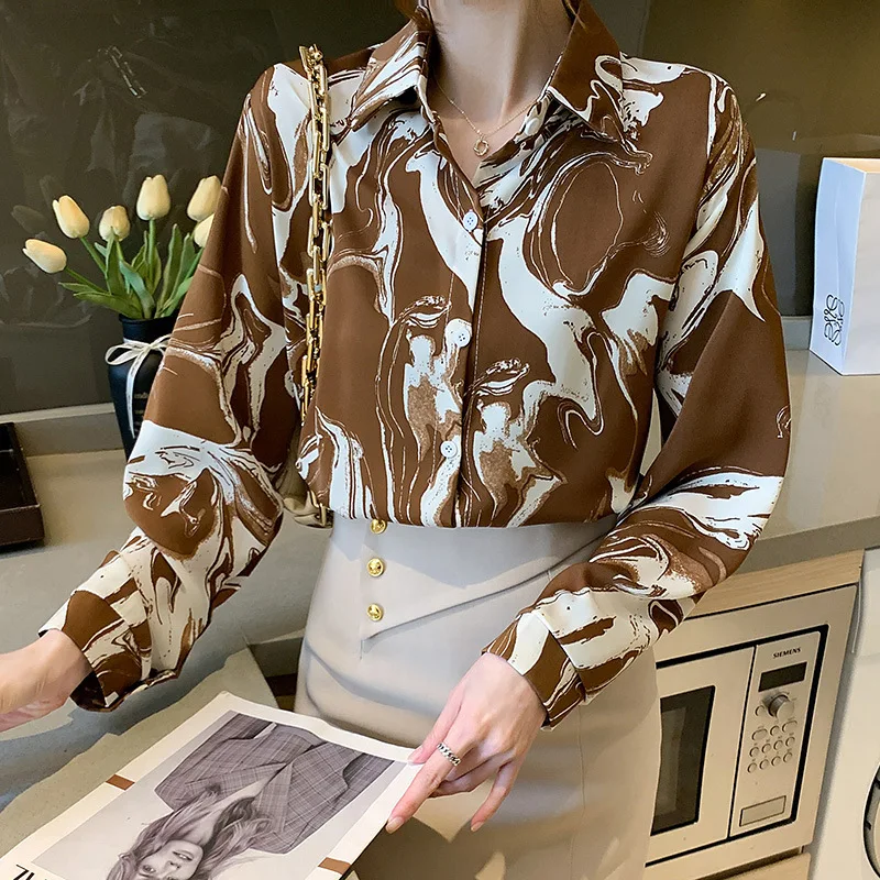 

Women's Ink Leopard Print Long Sleeve Shirt, Personalized Elegant Blouse, Beautiful Top, New Fashion, Autumn and Winter, 2023