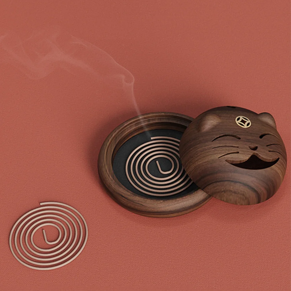 

Lucky Cat Aroma Burner Black Walnut Wood Aromatherapy Plate Diffuser Office Home Tea ceremony Coil Incense Stick Holder Censer