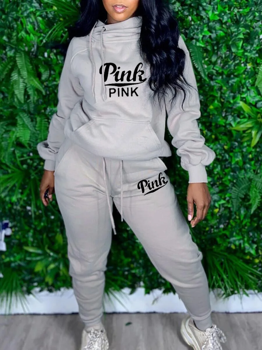 Street Tracksuit Pink Letter Sweatsuit Women\'s Set Skew Hooded Sweatshirt Jogger Pants Set Active Two Piece Set Outfits