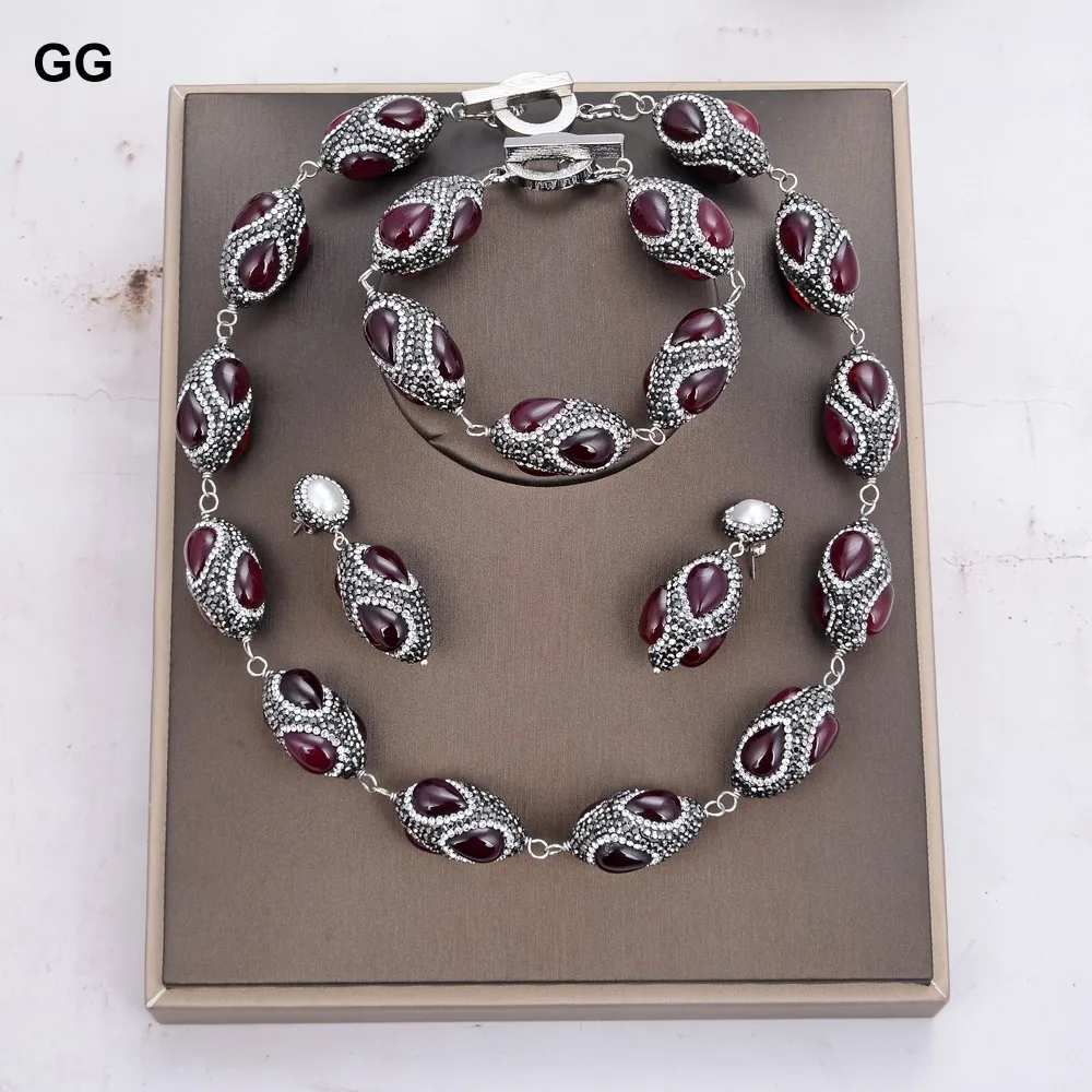 GuaiGuai Jewelry Natural Red Agates Black Rhinestone Necklace Bracelet Earrings