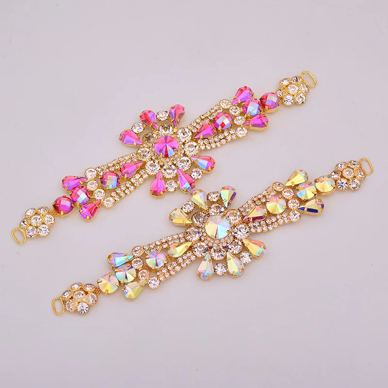 JUNAO 45x180mm Sewing AB Crystal Flatback Glass Rhinestones Chain Flower Strass Applique Bikini Belt Jewelry For Dresses