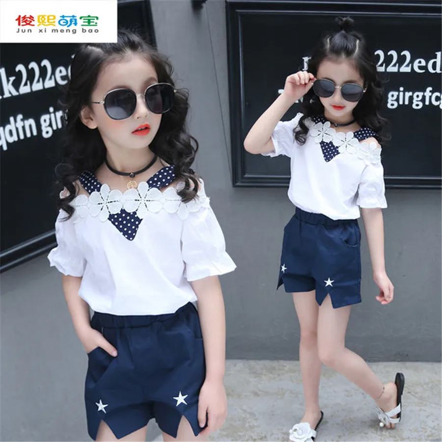 Girl Clothes Sets Summer Child Baby off shoulder T shirt+Bow Short Pants 2pcs Kids Outfits Set 8 9 10 12 Years