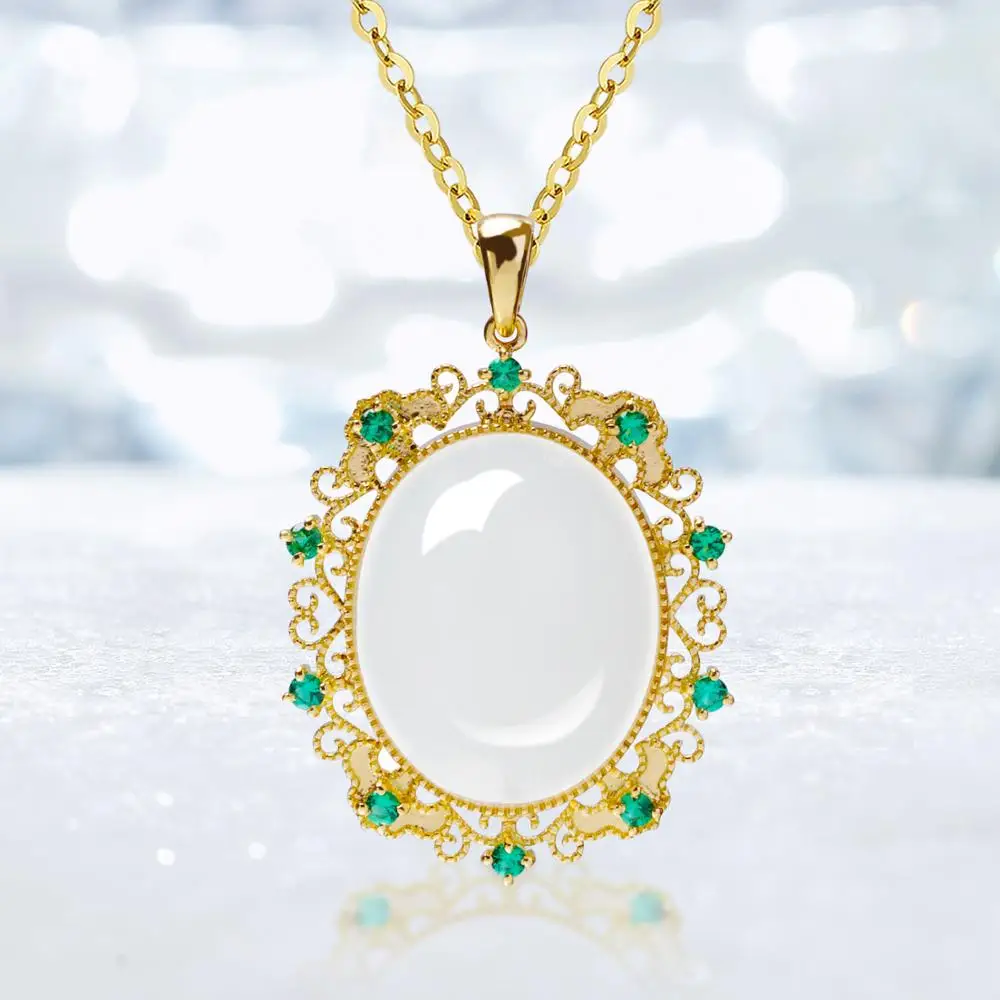 Foydjew New Colorful Treasure Jewelry Sets Simulation White Jade Stone Pendant Necklaces Earrings Open Ring Set For Women