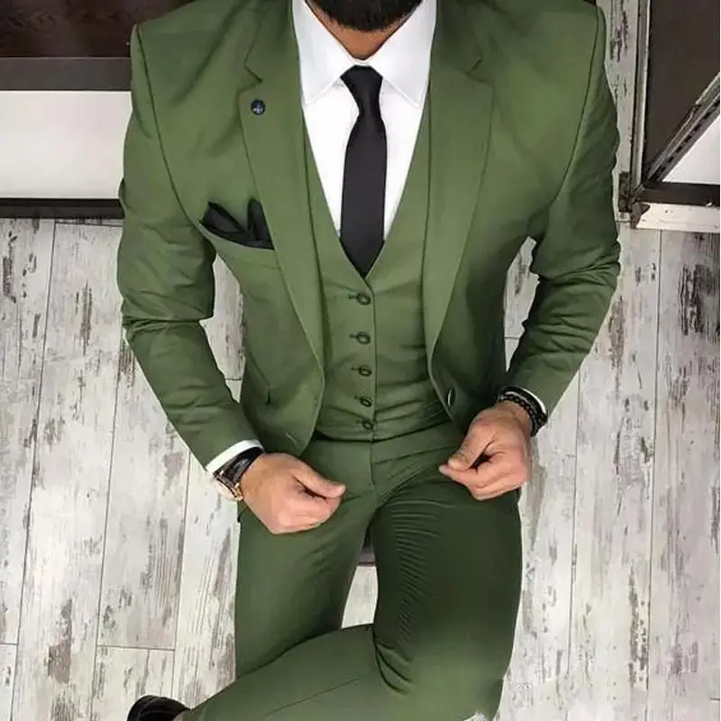 

Olive Green Mens Suits For Groom Tuxedos 2020 Notched Lapel Slim Fit Blazer Three Piece Jacket Pants Vest Man Tailor Made