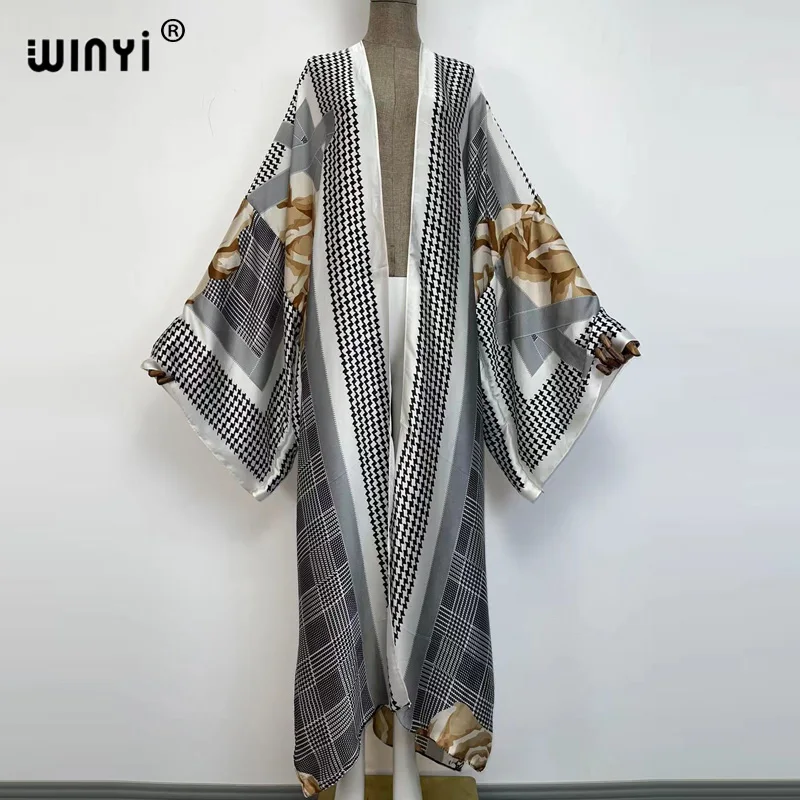 WINYI holiday Oversized Beach Kimono With Sashes Bohemian Vintage Slim Sexy Long Cardigan Women Sleeve sukienka Fringe Cover-Up