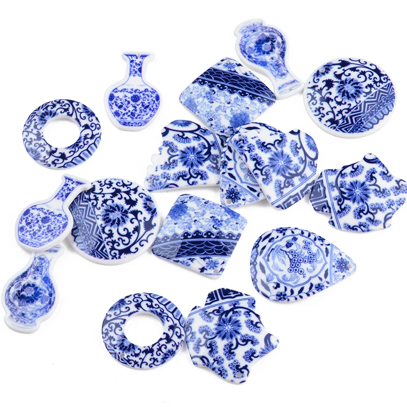 10PC Chinese Style Blue and White Porcelain Pattern Hand Made Earrings Connectors DIY Pendant Jewelry Findings Components Charms