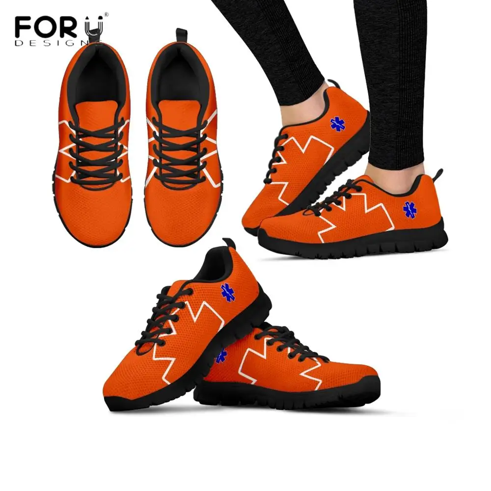 FORUDESIGNS Nursing Shoes for Women Flats Cute Paramedic EMT EMS Pattern Orange Nurse Shoes Casual Spring/Autumn Ladies Sneakers