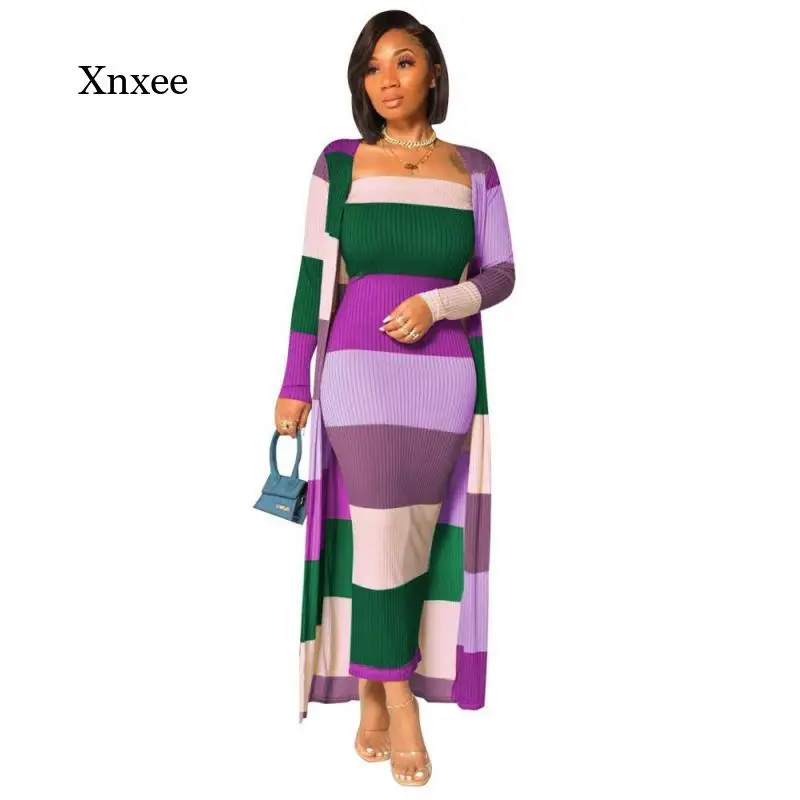 

2021 Autumn and Winter Women's Fashion Color Matching 2 Pieces of Women's Striped X Long Coat and Strapless Long Dress