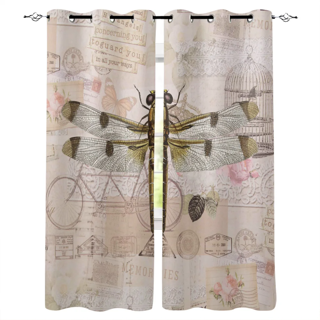 

Animal Dragonfly Retro Window Curtains Living Room Kitchen Curtains for Bedroom Left and Right Biparting Open Curtains