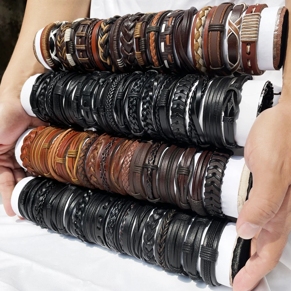 25Pcs/lot Wholesale Random Retro Multi-layer Leather Bracele Men Women Handmade Charm Bracelet Wrap Jewelry Festive Women Gift
