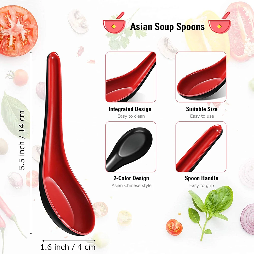 4Pieces Soup Spoons Asian Chinese Wonton Japanese Soba Spoon Rice Spoon Ramen Noodle Spoon Vietnamese Pho Spoon Red and Black