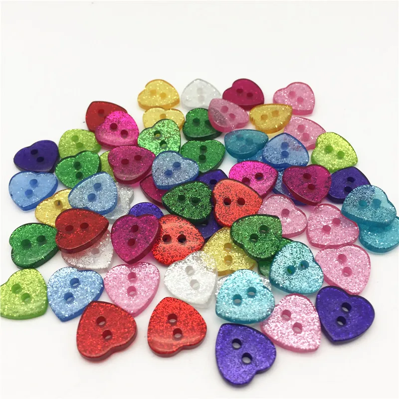 50pcs 12x13mm resina Glitter cuore 2 fori bottoni accessori per cucire fai da te Sparkle artigianato abbellimento