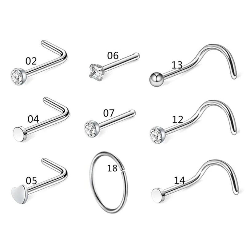 5/9/21Pcs 20G Nose Studs Surgical Steel Nostril Studs Screws Nose Ring Hoop Body Piercing Silver Color Heart Nose Stud