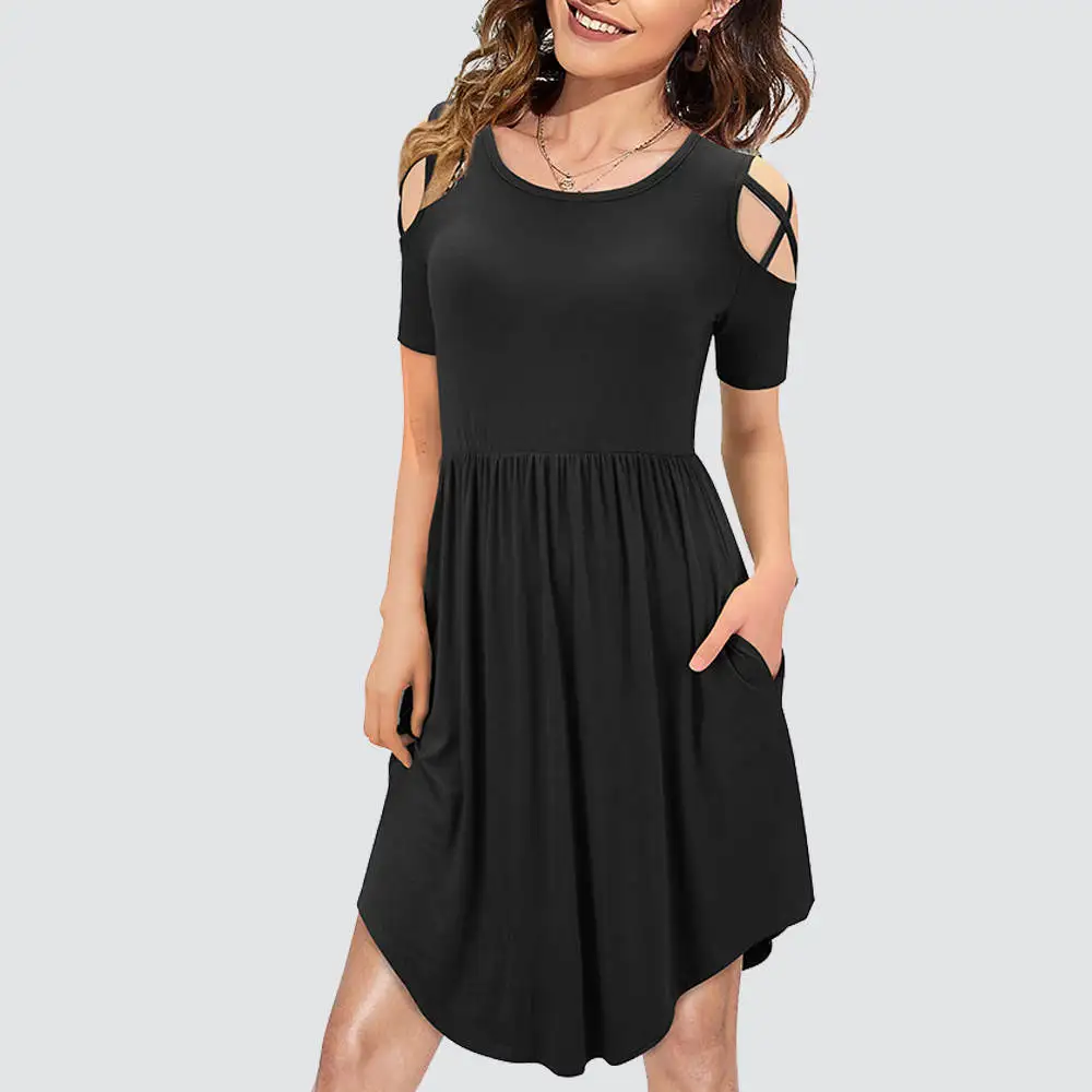 Women Summer Charming Solid Color Round Neck Cold Shoulder Casual Mini Dress with Pockets 1HA163