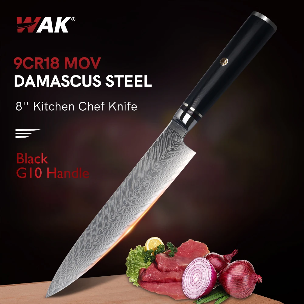 

WAK 8'' Kitchen Chef Knife Professional 9Cr18 Mov Damascus Steel Blade Kitchen Knives Soft Black G10 Handle Kitchen Knife