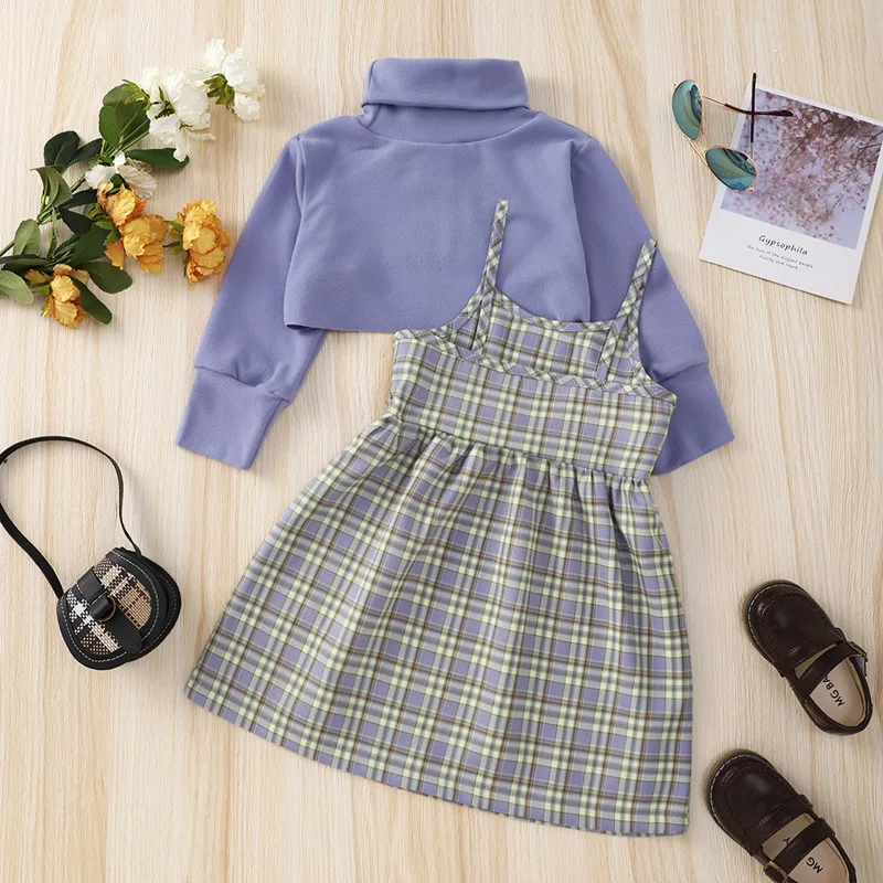 Spring Girls Clothing Long Sleeve Turtleneck Crop Tops+Plaid Print Spaghetti Straps Dress Outfit Matching Suits Girl Clothes Set