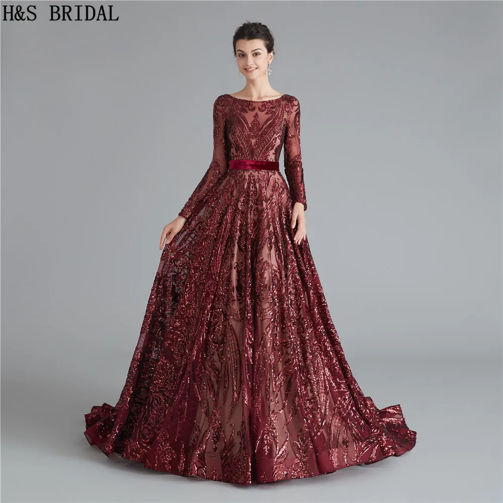 Burgundy แขนยาวชุดราตรีเลื่อม Backless ชุดราตรียาวชุดราตรีชุด Robe de Soiree อย่างเป็นทางการ