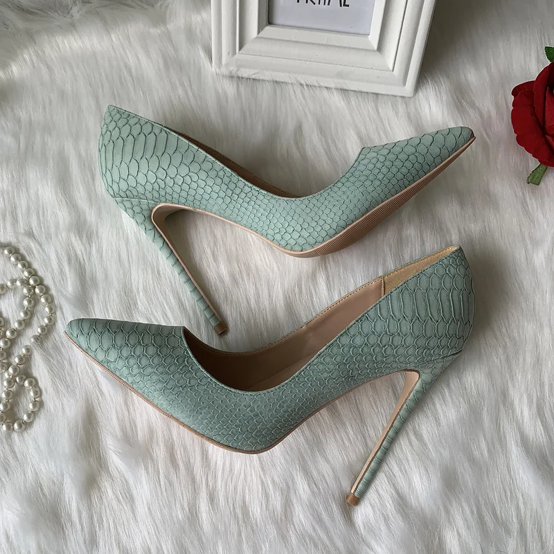 2023new designer factory outlet custom made light green snake python pointed toe 120mm sexy high heel shoes pump big size 12