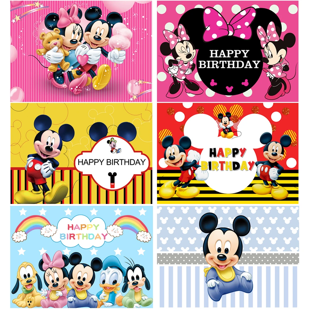 Disney-Mickey e Minnie Mouse Fundo de vinil infantil, tema dos desenhos animados, Banner de fotografia, Feliz Aniversário, Baby Shower, Boy or Girl