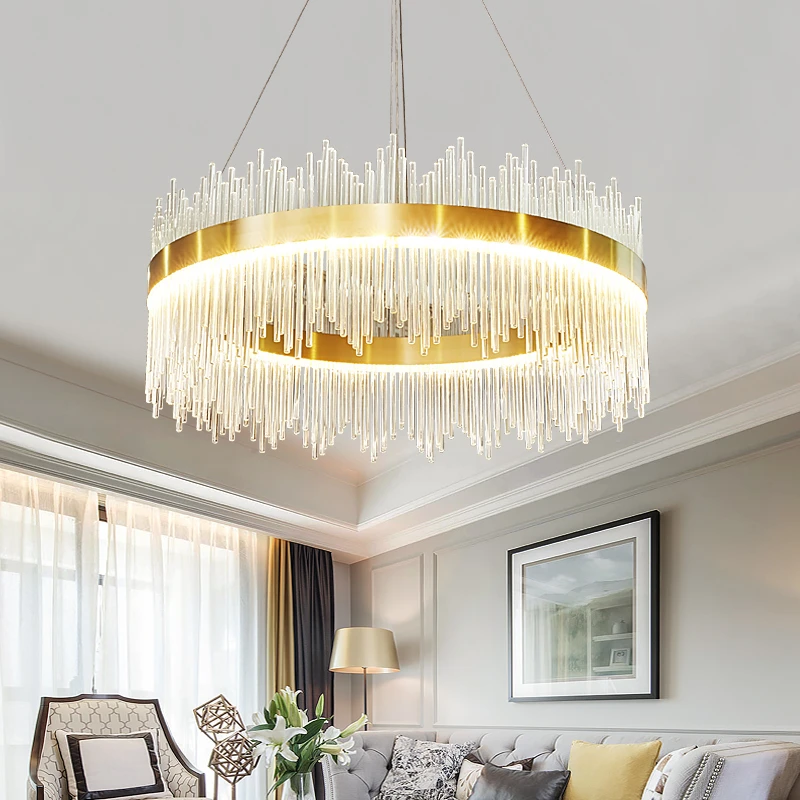 Moderne Runde LED Kristall Kronleuchter Esszimmer Rechteck Design Küche Insel Leuchten Chrome Luxus Cristal Lustre