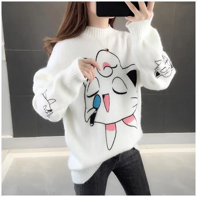 New Spring Japanese Autumn Women Sweater Long Sleeve Casual Cartoon Anime Singing Little Cute Cat Harajuku Knitt Pullover Female