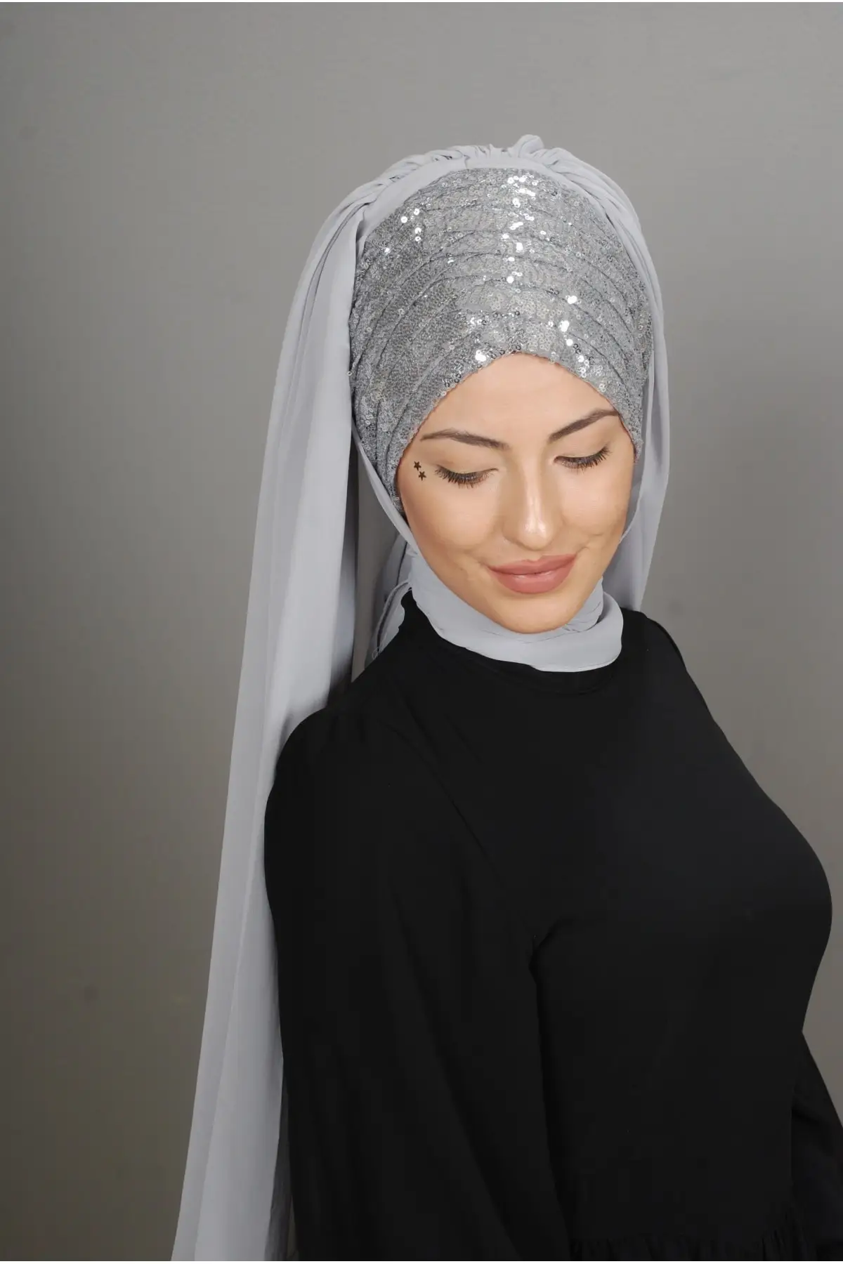 Women's Gray Front Sequined Shirred Ready Turban
