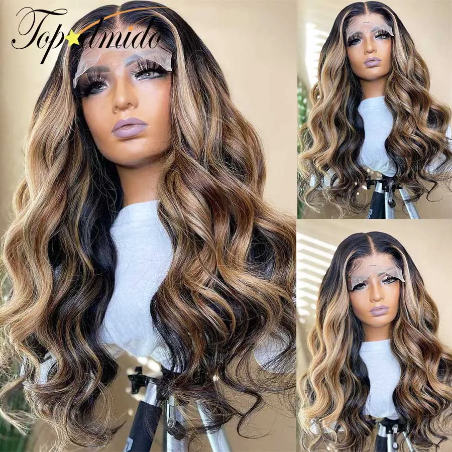 Topodmido Wig renda depan dengan Wig 13x6 warna Highlight kepadatan 250 dengan rambut bayi 13x4 rambut Brasil Wig renda rambut manusia