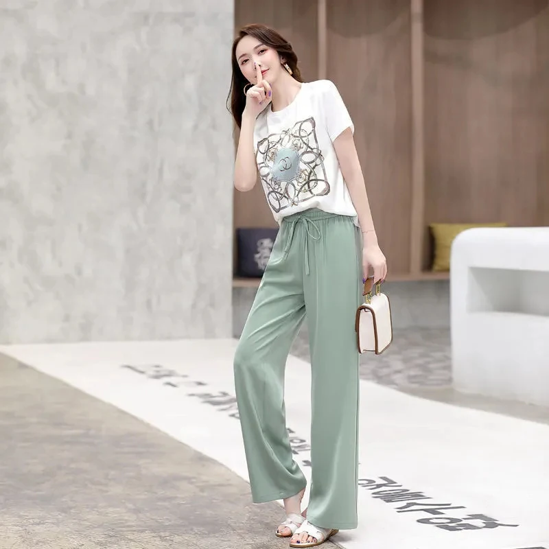 2025 Summer New Women Two-piece Suit Middle Aged Loose Short Sleeve Tshirt Tops And Wide leg pants 2 piece Set Female Outfits