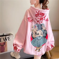 Thin Hoodies Sweatshirts Print Women Chinese Style Loose Anime Hooded Blouse Female Black Pink Pullover Streetwear Fashion Tops