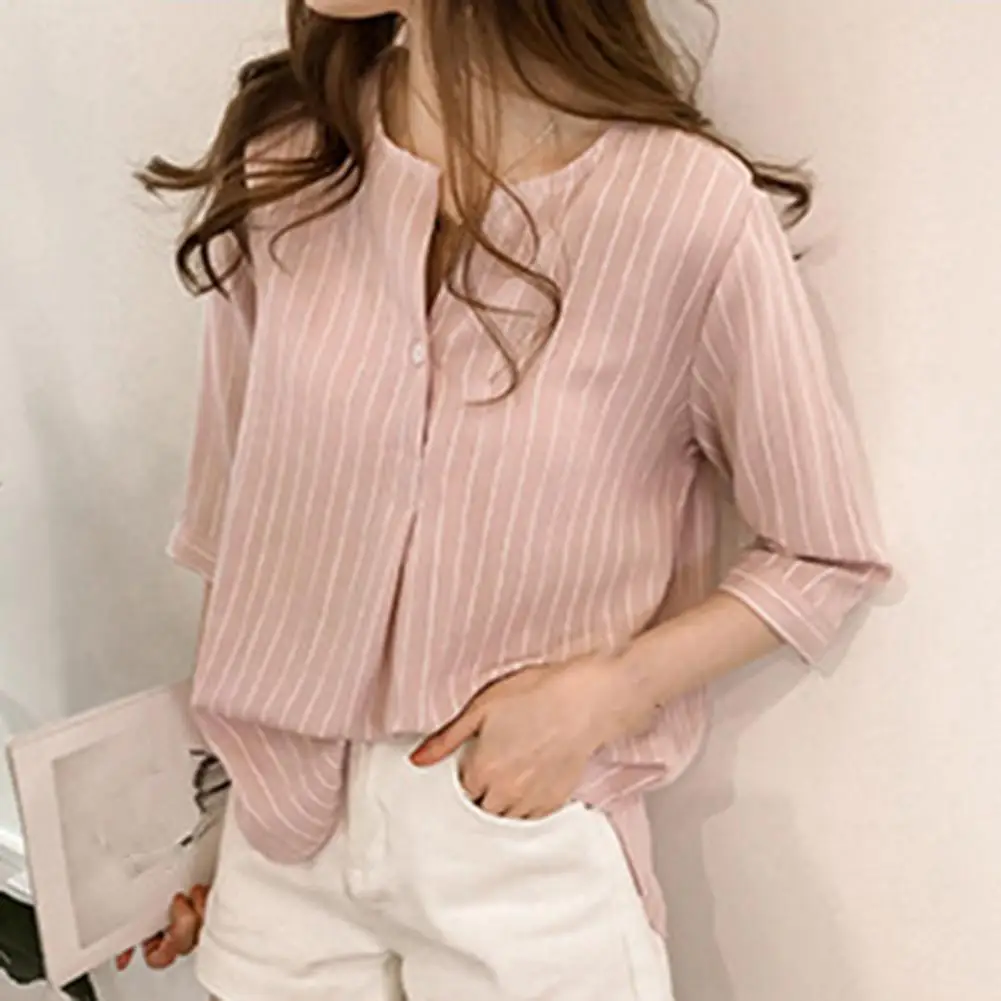 

Women's Shirts Fashion Stripe 3/4 Sleeve Casual Summer Top Skin-friendly Breathable Round Neck Buttons Loose Ladies Blouse