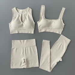 Ensemble de Yoga sans couture, tenues d'entraînement côtelées pour femmes, 2/4 pièces, soutien-gorge de Sport, taille haute, short, ensembles de Leggings, vêtements de Fitness et de Gym